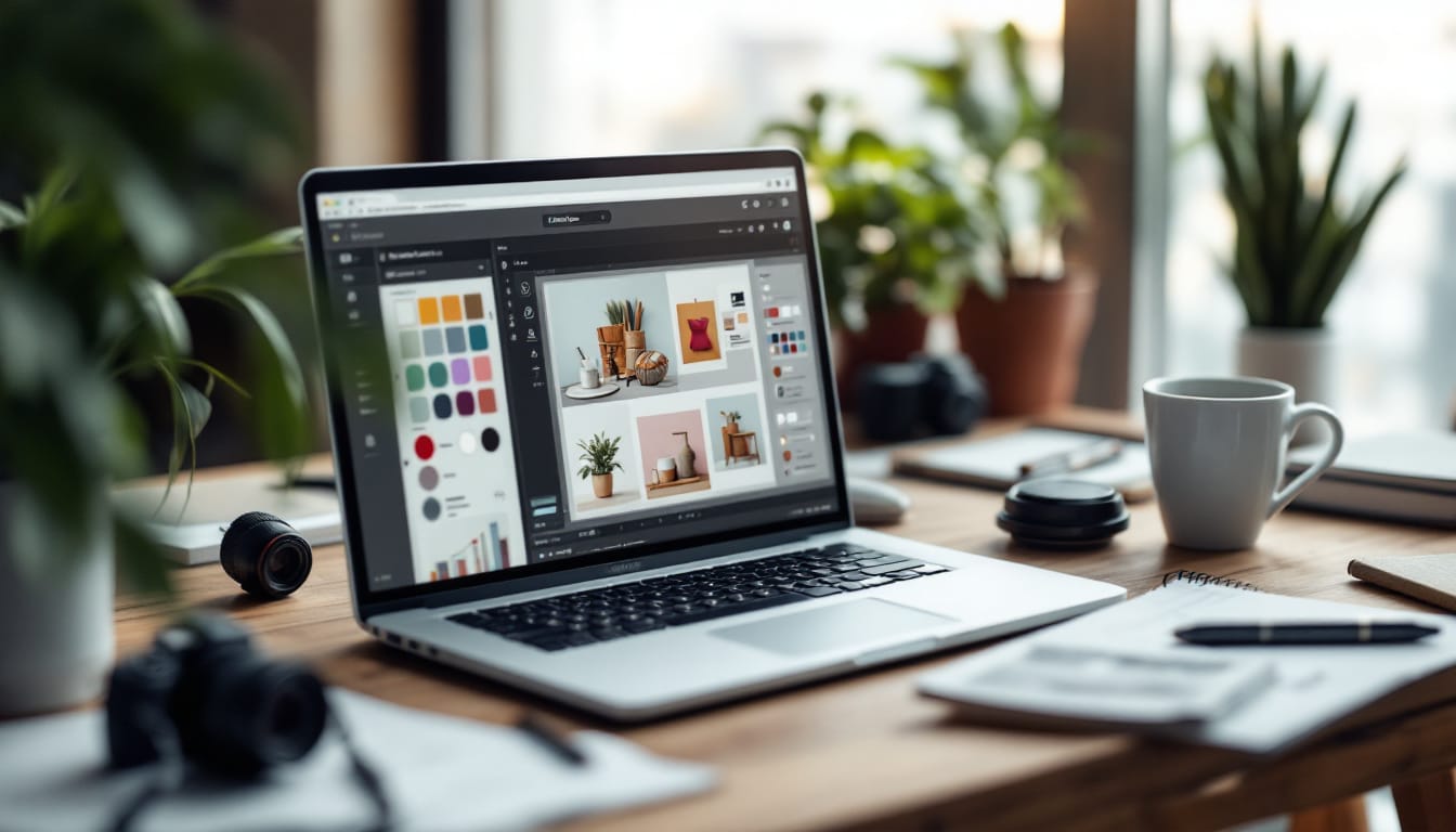 Laptop displaying design software on workspace desk