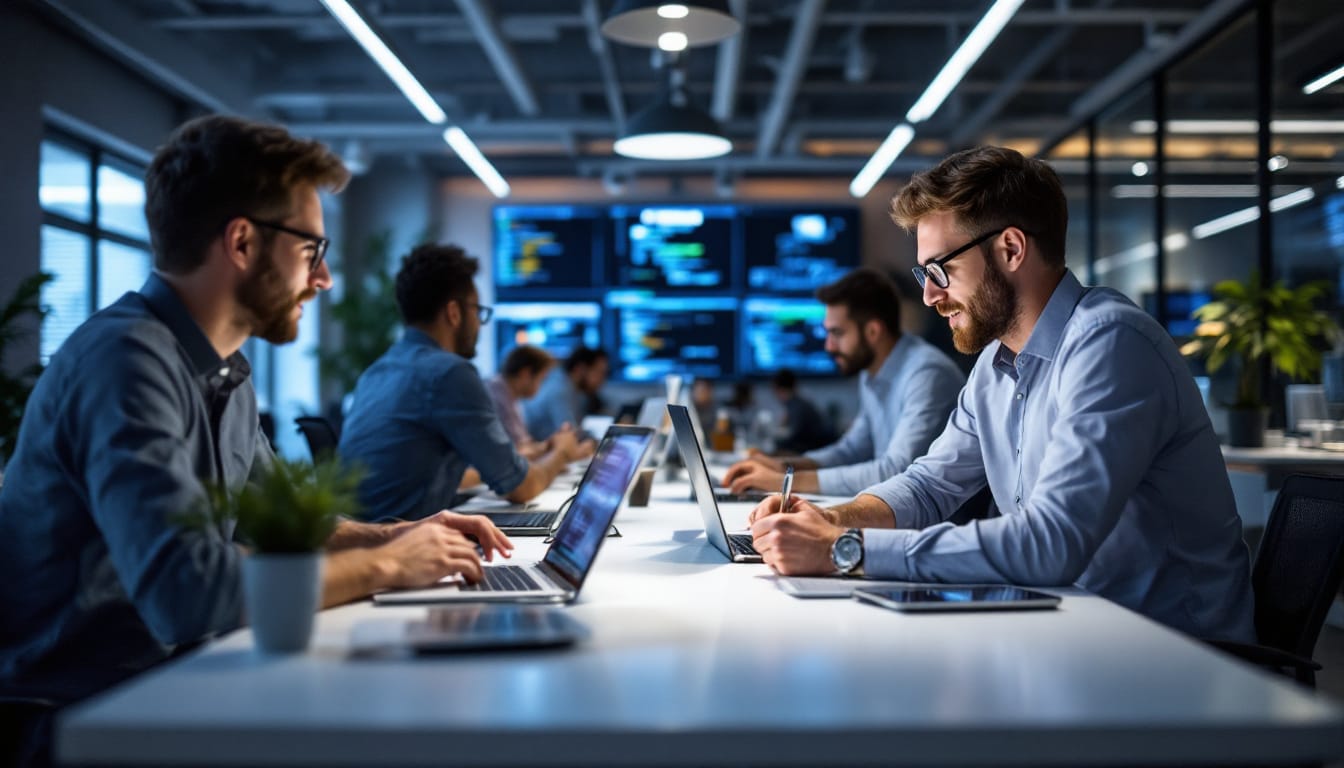 Software developers working at computers in modern office.