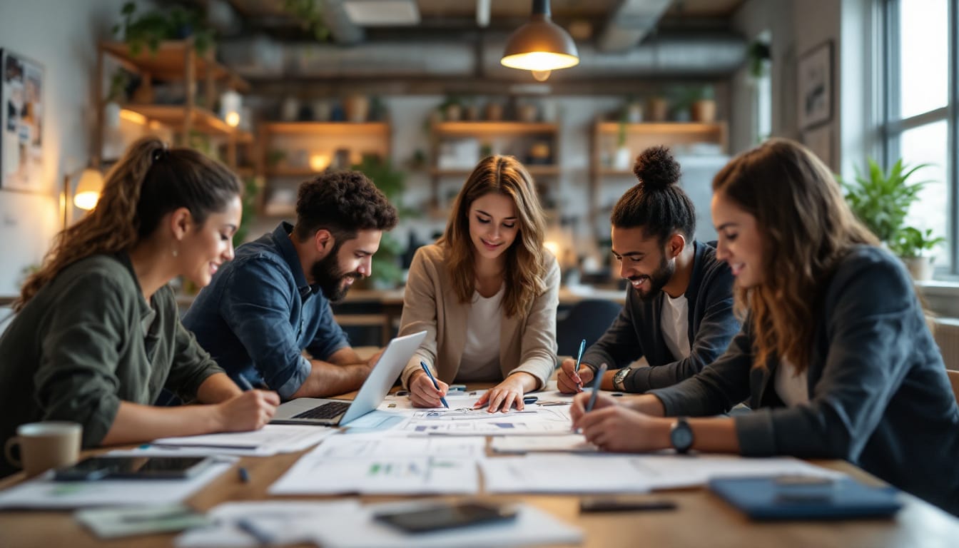 Team collaborating around a table in modern office.