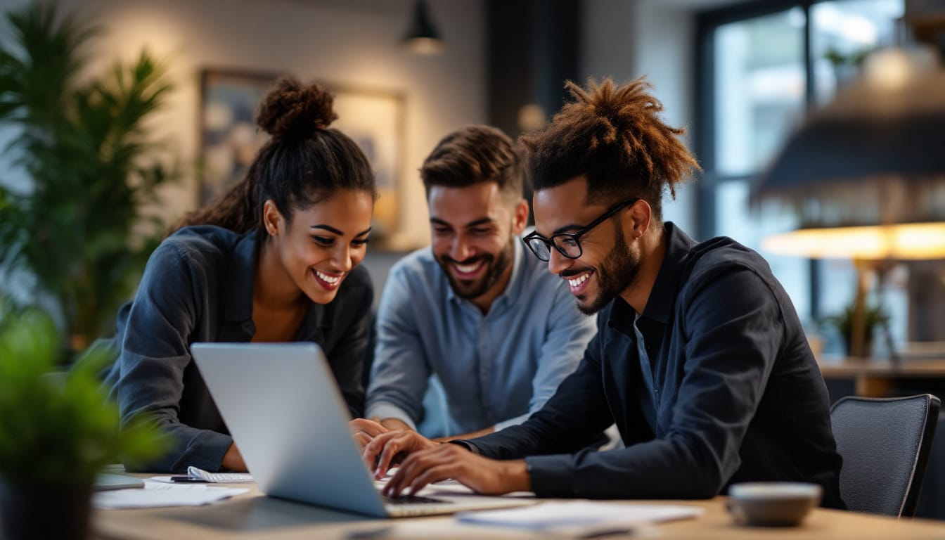 Team collaboration on a laptop in office