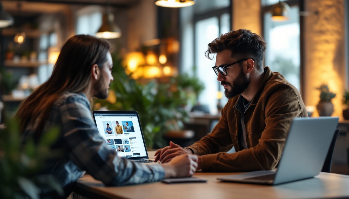 Two men discussing work at a cafe table.