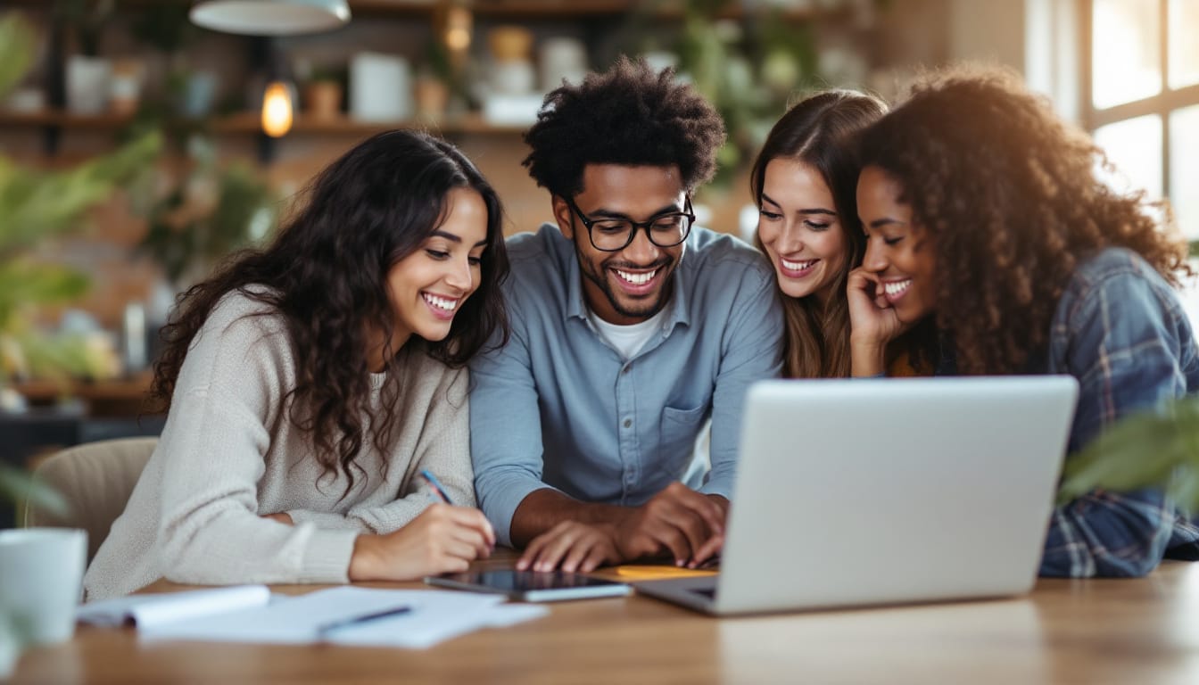 Smiling friends working together on a laptop.