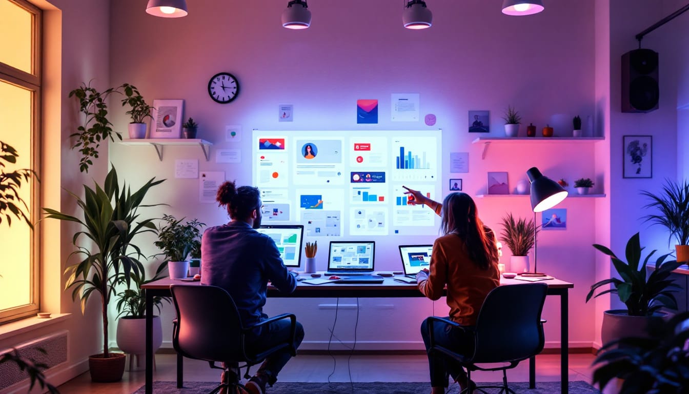Collaborative workspace with wall projections and computers.