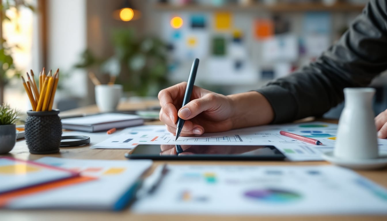 Person drawing on paper with pencils, charts