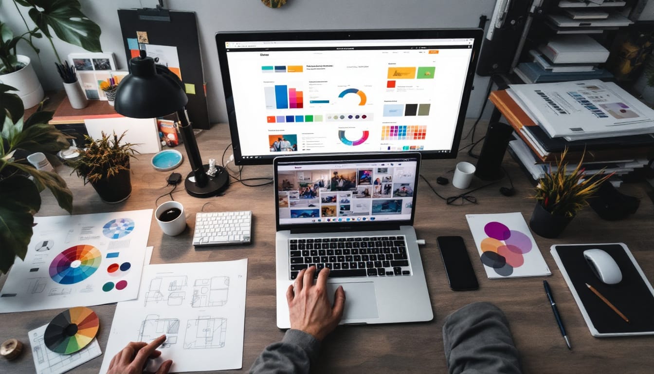Graphic designer workspace with color charts and screens.