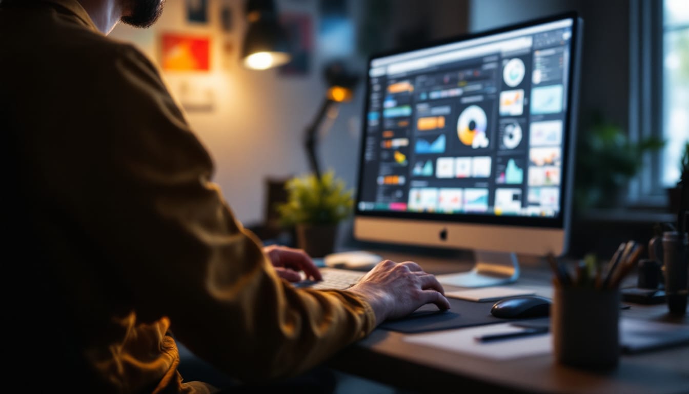 Person working on computer with data visualization screen.