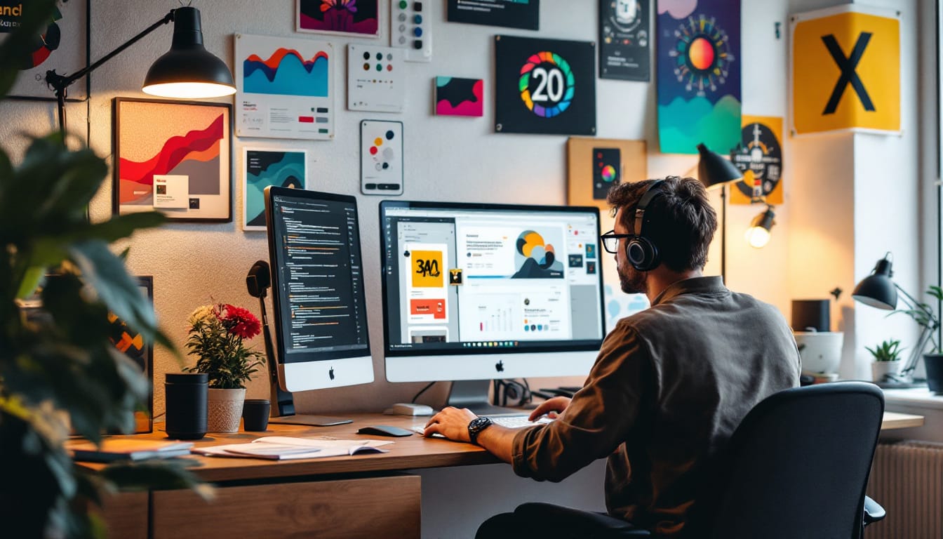 Graphic designer working at dual-screen computer setup.