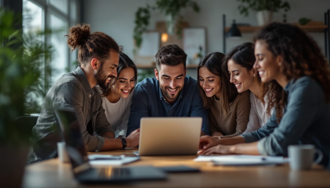 Team collaborating around a laptop in office setting.