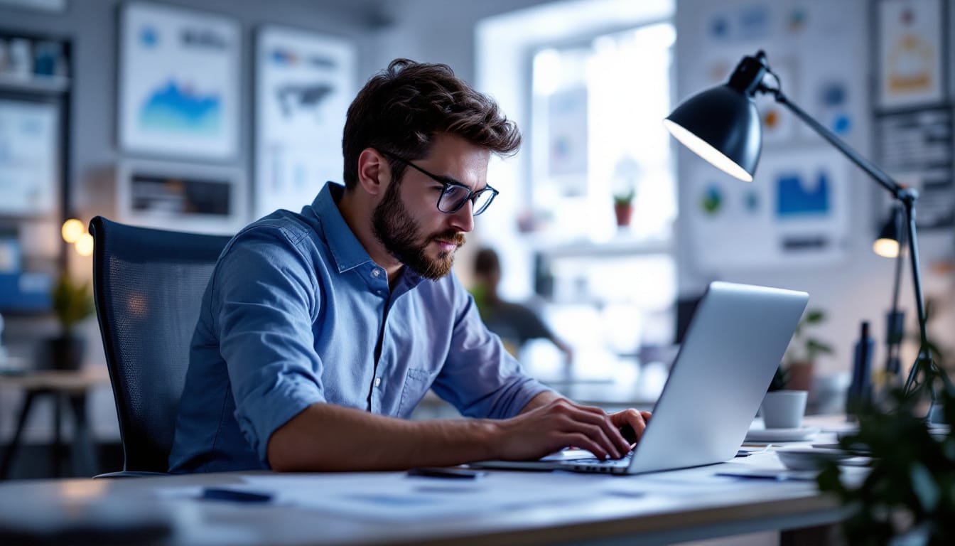 Man working on laptop in modern office