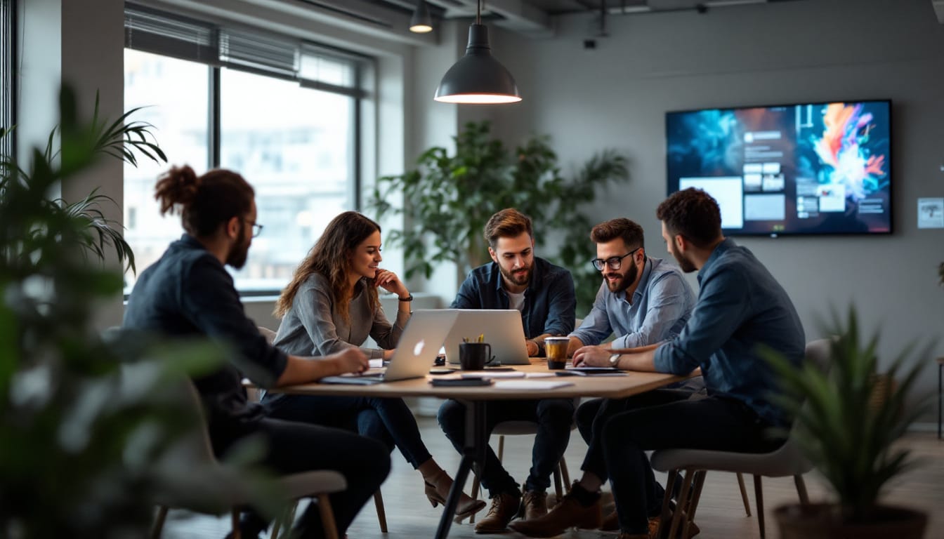 Team meeting around a laptop in modern office.