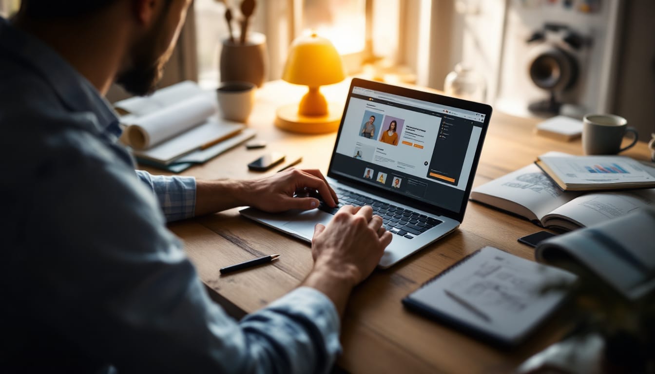 Person working on laptop at wooden desk