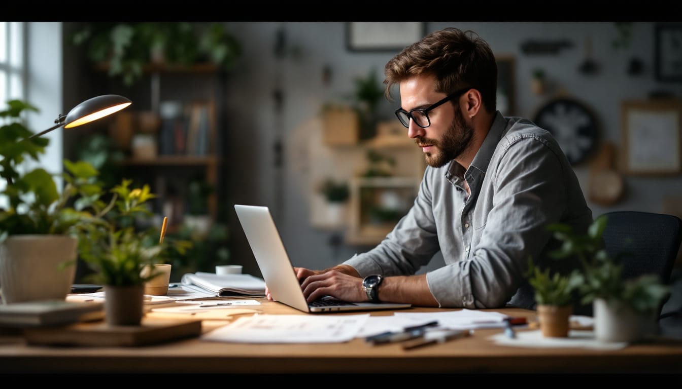 Man working on laptop in home office