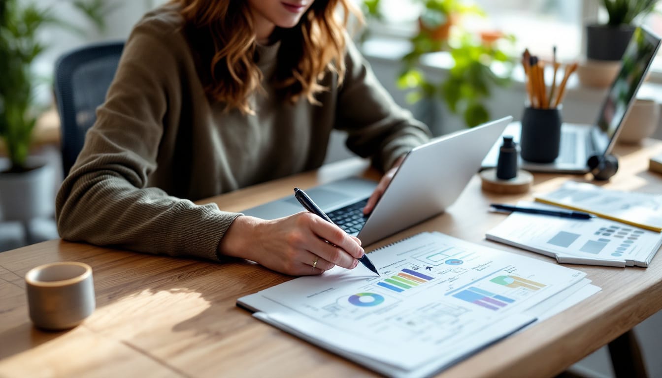 Woman analyzing charts on laptop and paper