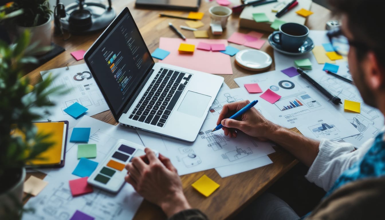Designer working on laptop with colorful notes