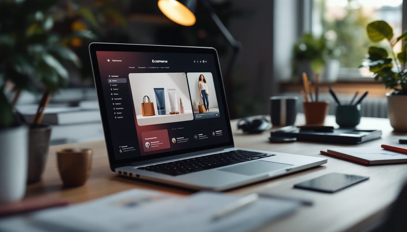 Laptop displaying an ecommerce website on desk