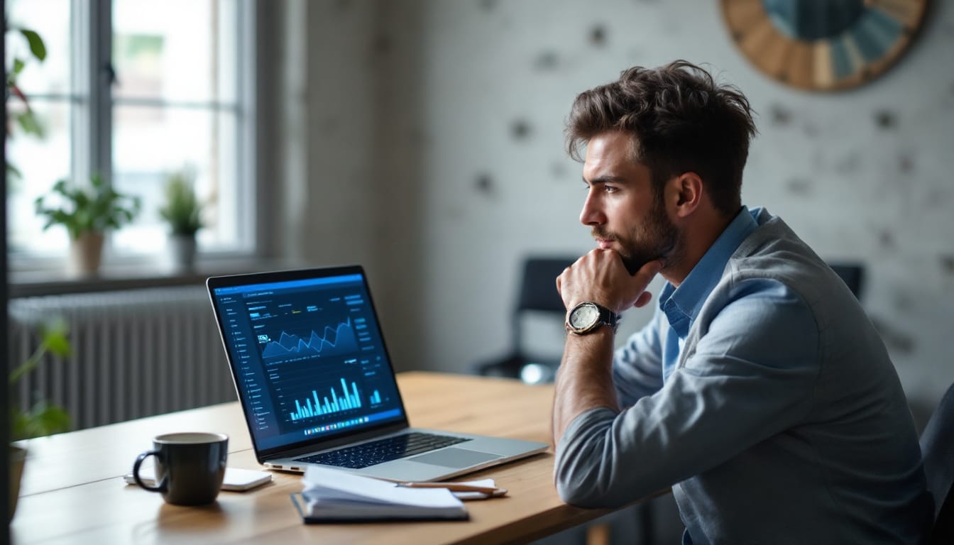Man analyzing data on a laptop screen
