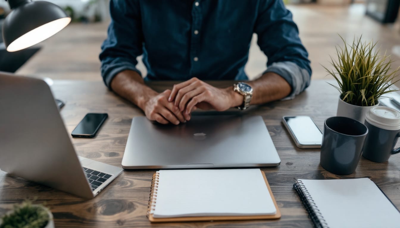 Person working at a desk with laptop.