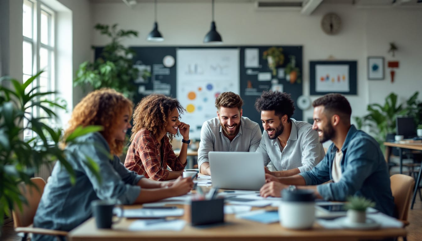 Team collaborating in modern office environment