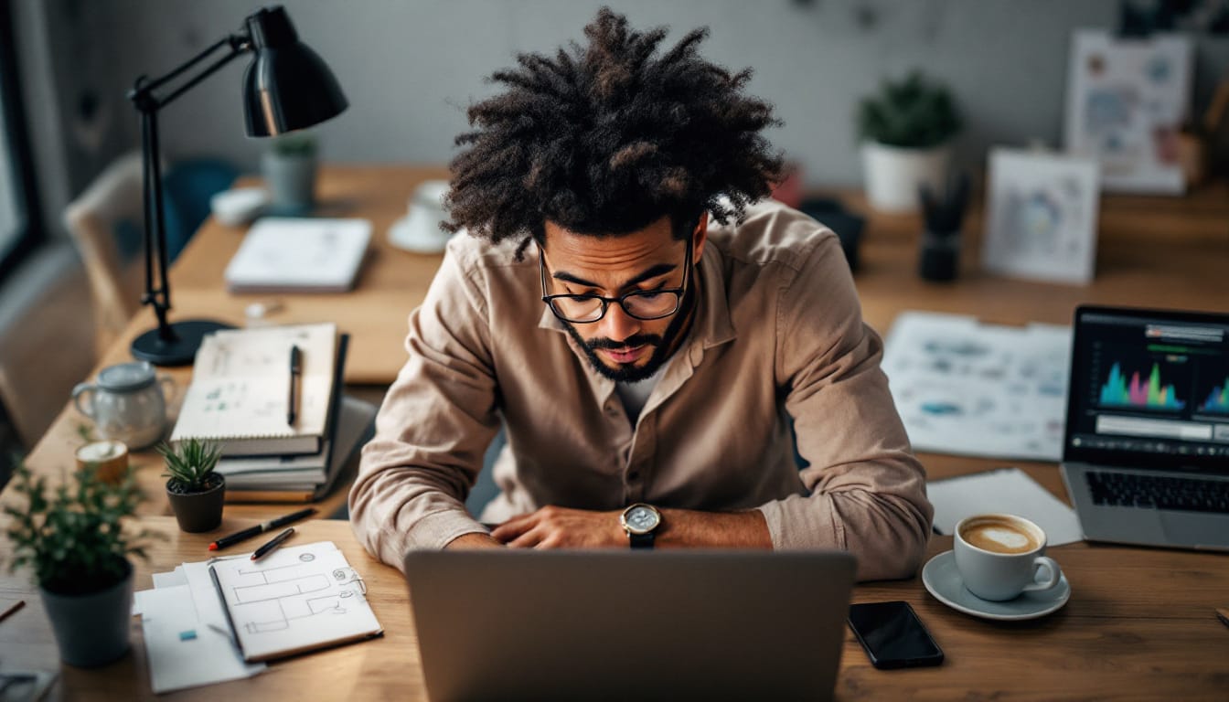 Man working on laptop at cluttered desk.
