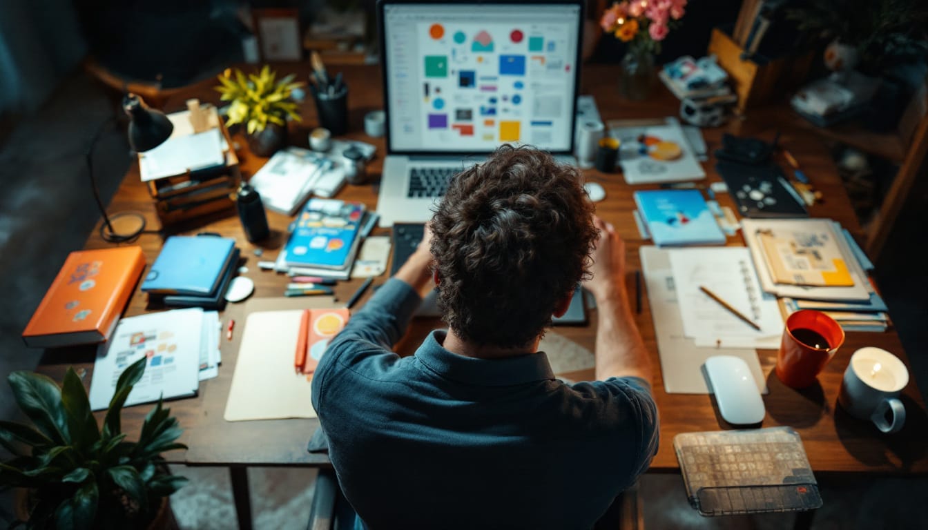 Person working at cluttered desk with computer