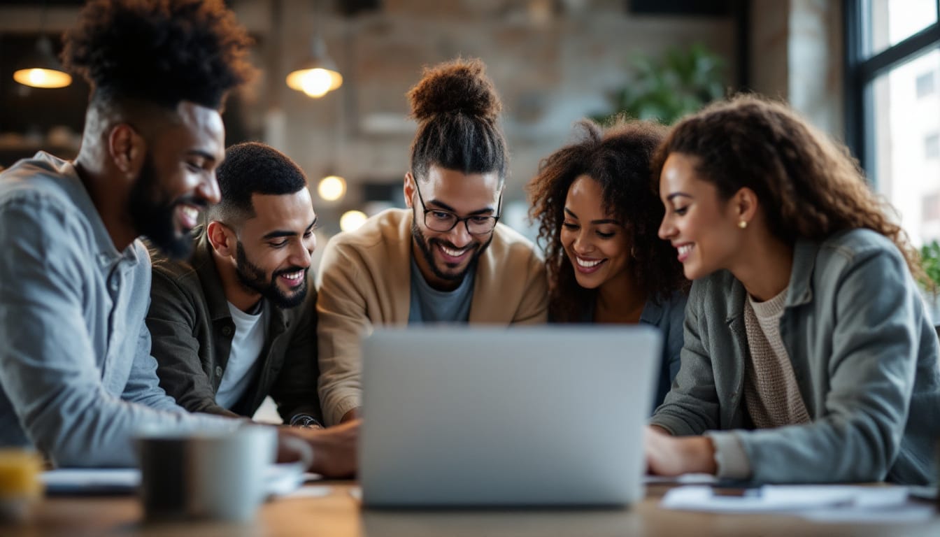 Diverse team collaborating around laptop in cozy workspace.