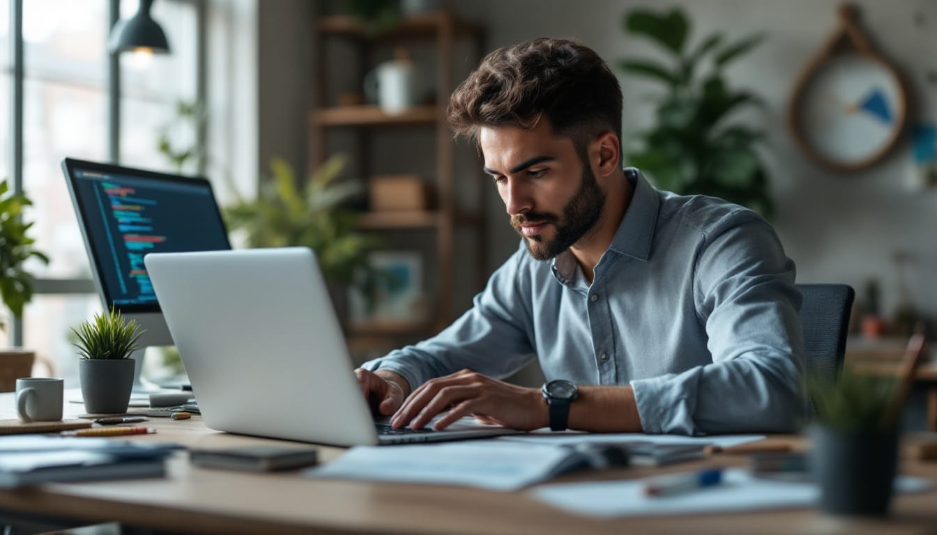 Man working on laptop in home office.