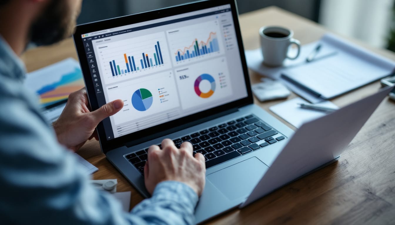 Man analyzing data charts on laptop screen.