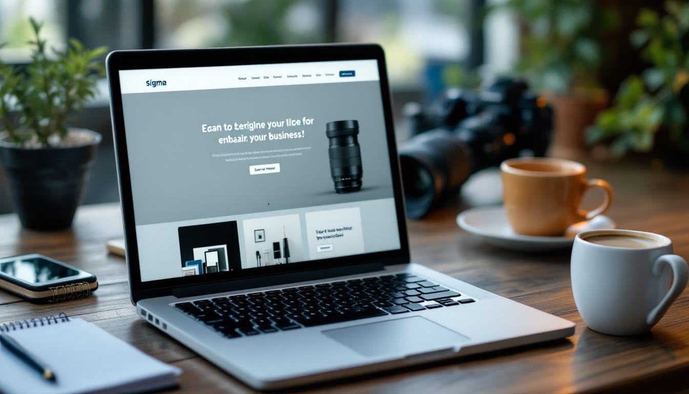 Laptop on table with camera and coffee cup.