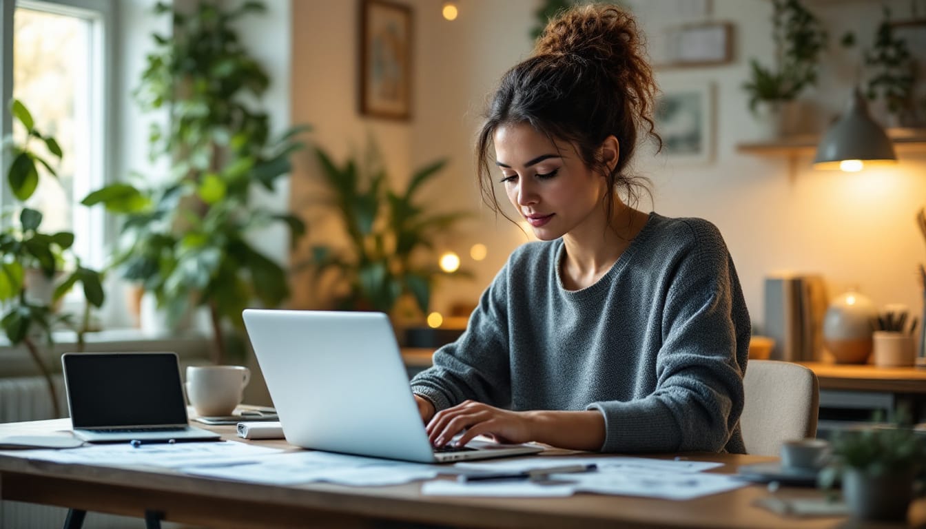 Woman working on laptop in home office