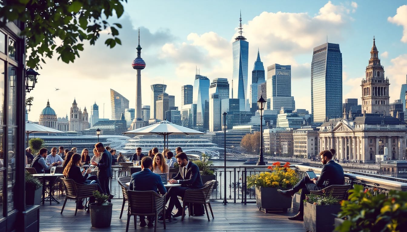 Rooftop dining with city skyline view.