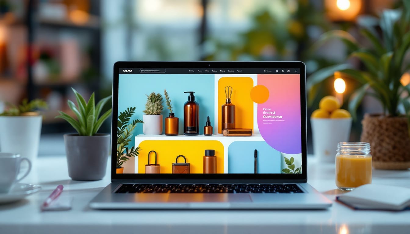 Laptop displaying colorful ecommerce website on desk.