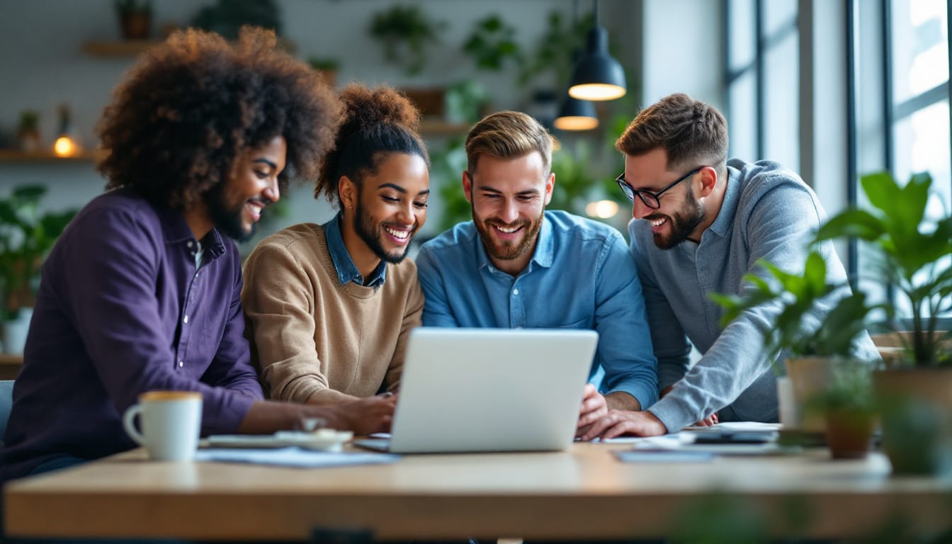 Group collaborating at a laptop with smiles.