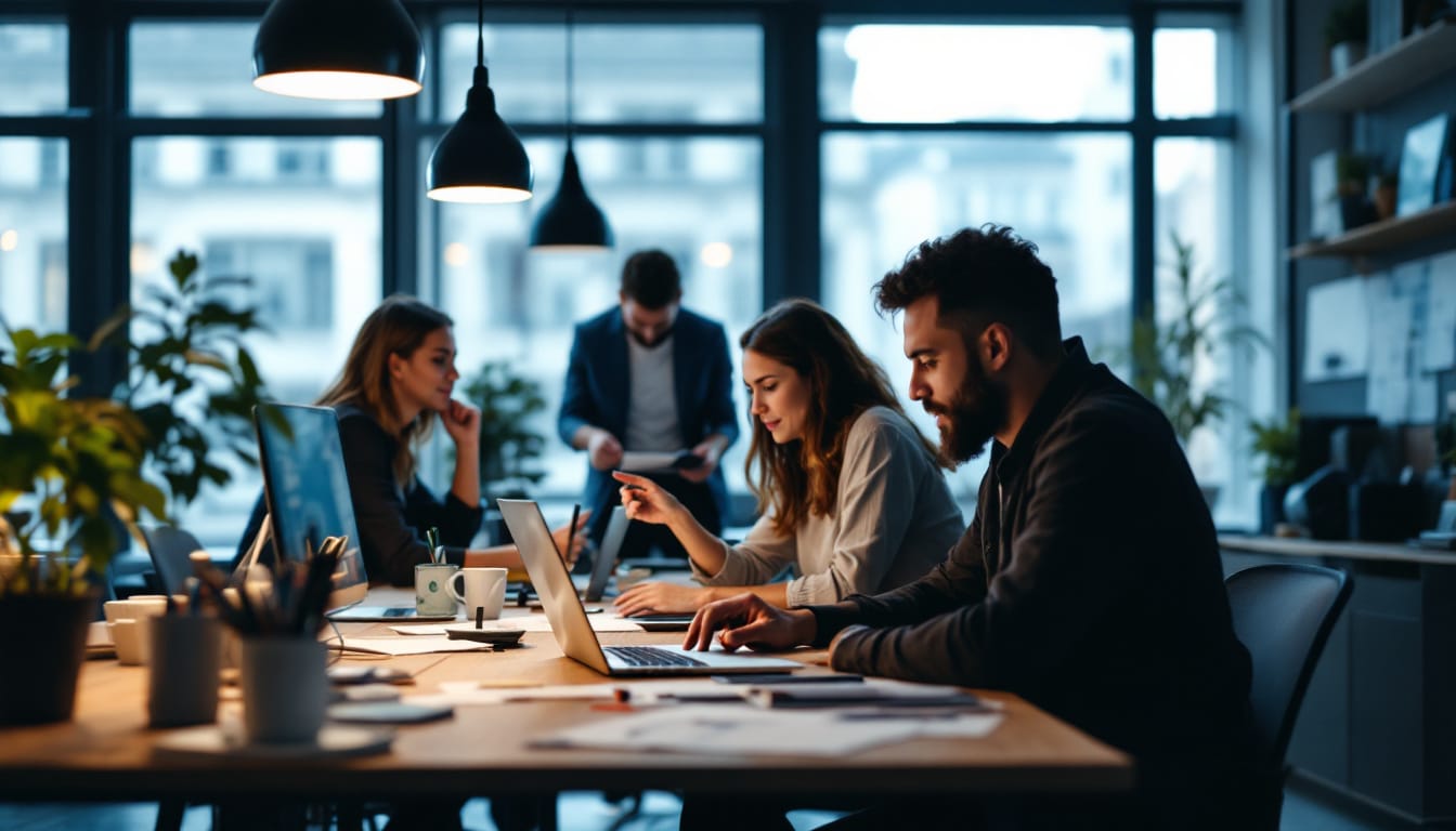 People collaborating in modern office workspace.