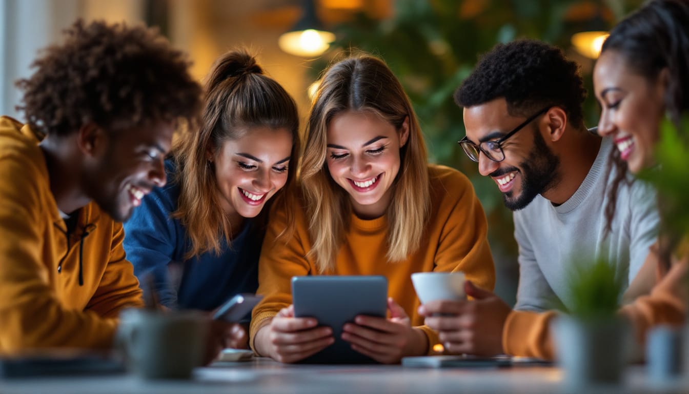Group smiling, looking at tablet, enjoying coffee.