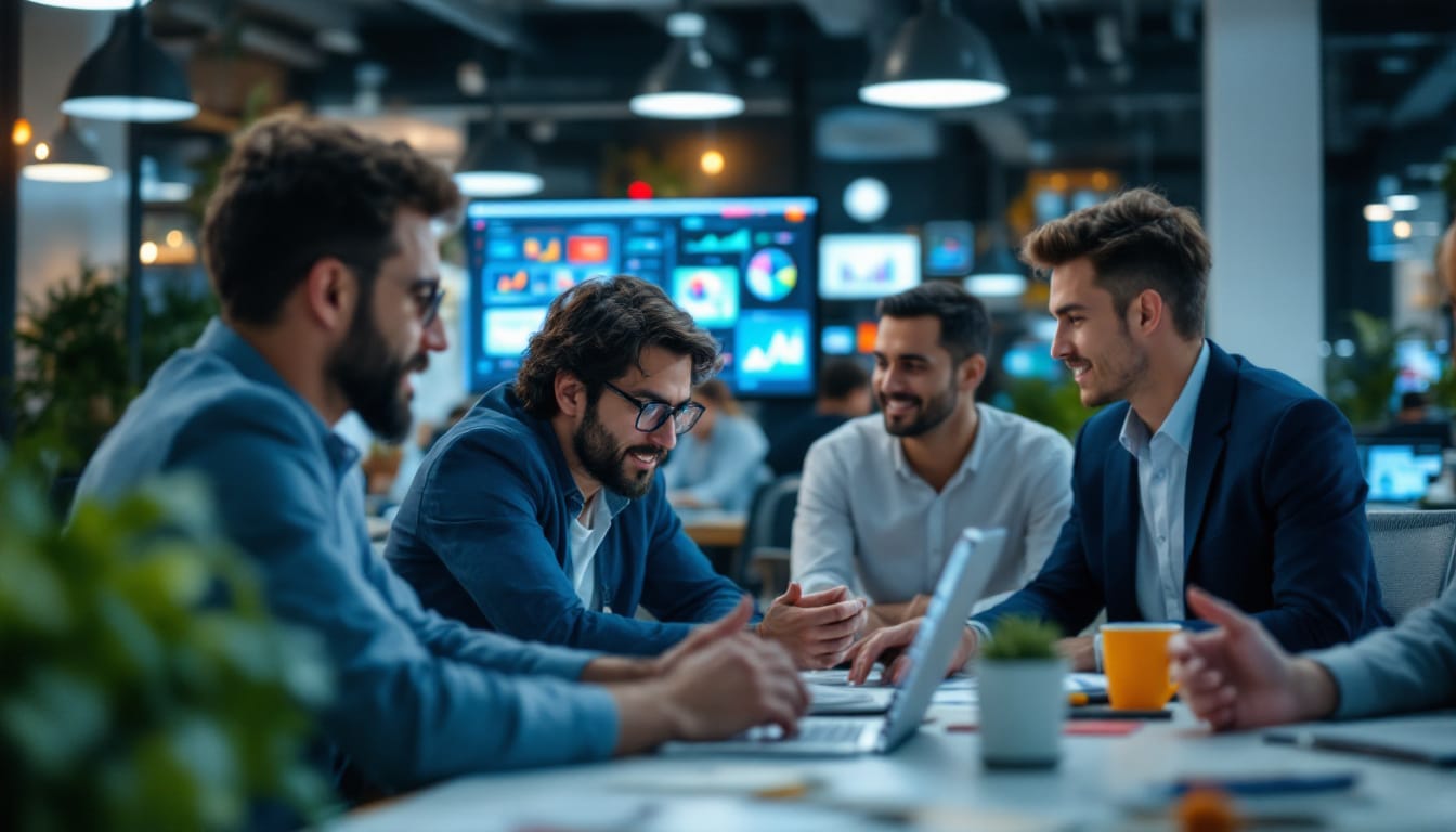 Group discussing business strategy in modern office