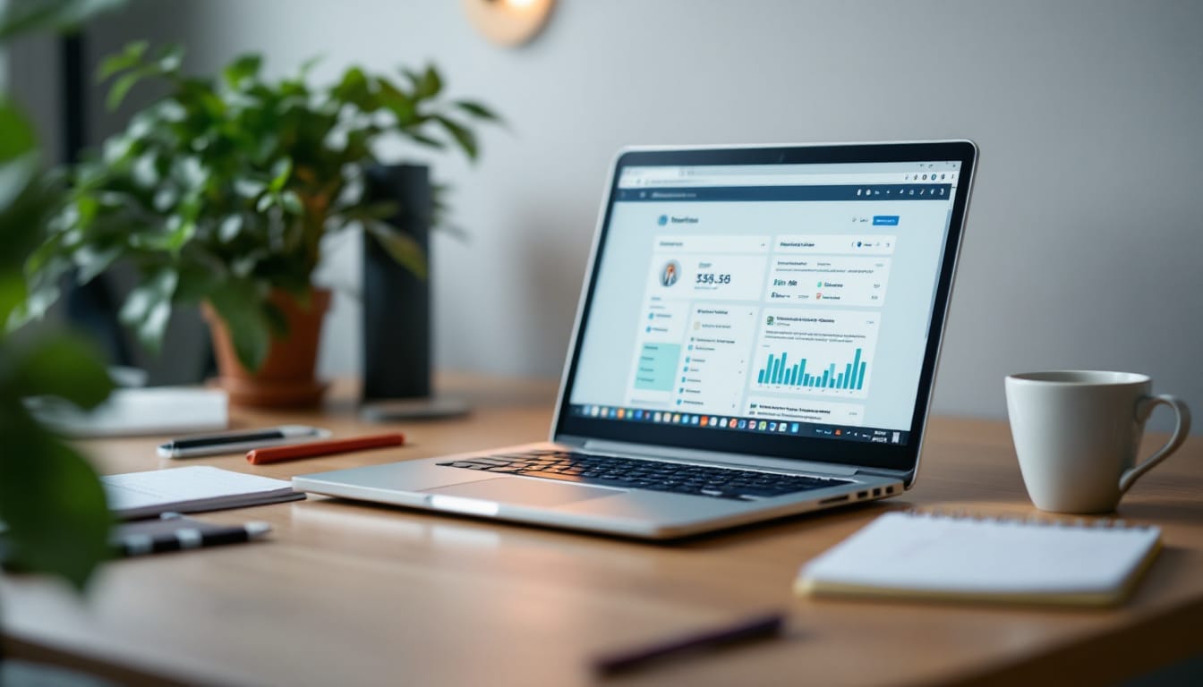Laptop on wooden desk with financial dashboard