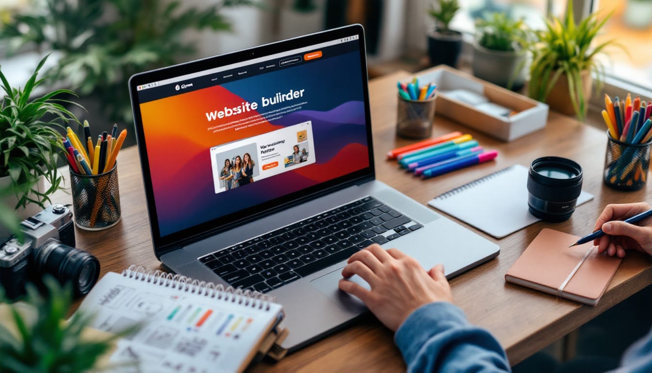 Person using laptop with website builder.
