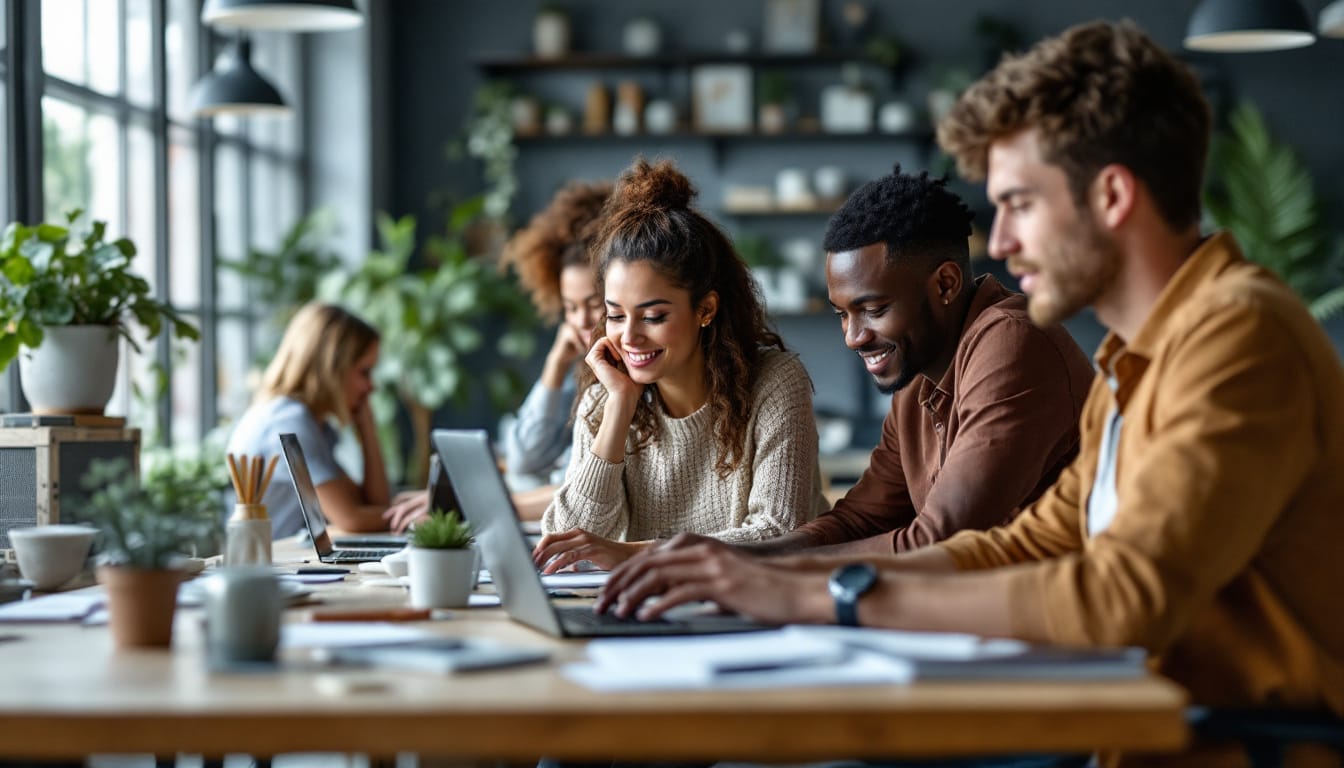Diverse team collaborating with laptops in office