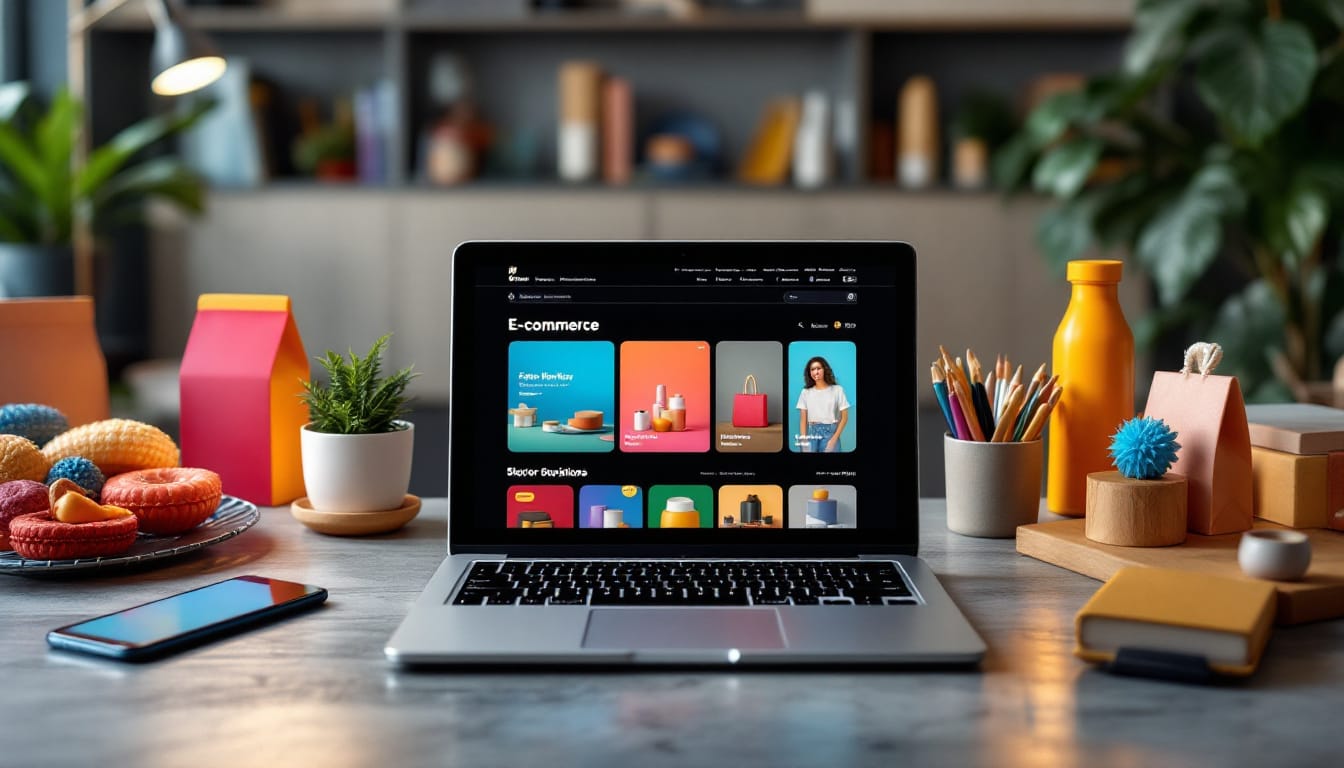 Laptop displaying e-commerce website on desk.