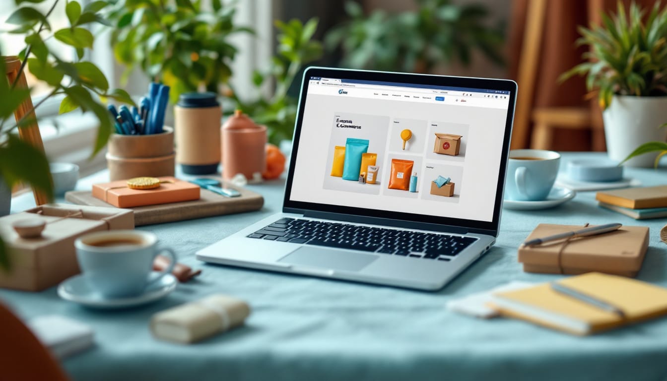 Laptop on table showing e-commerce website