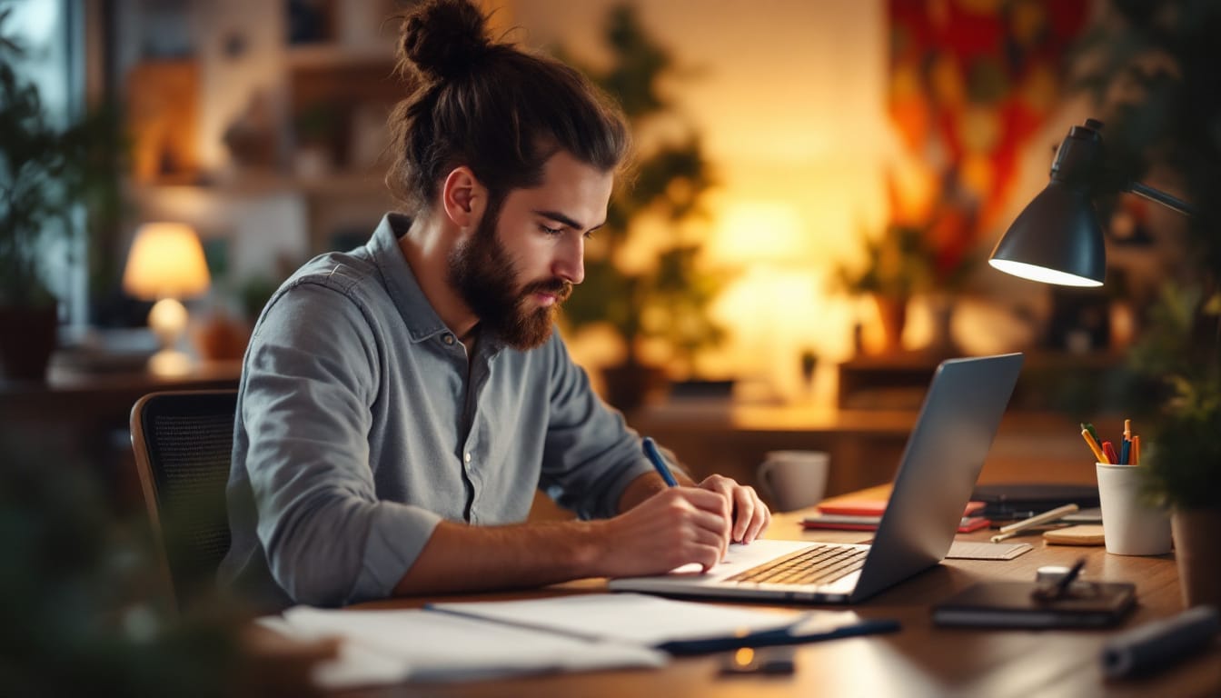 Man writing in notebook at desk with laptop