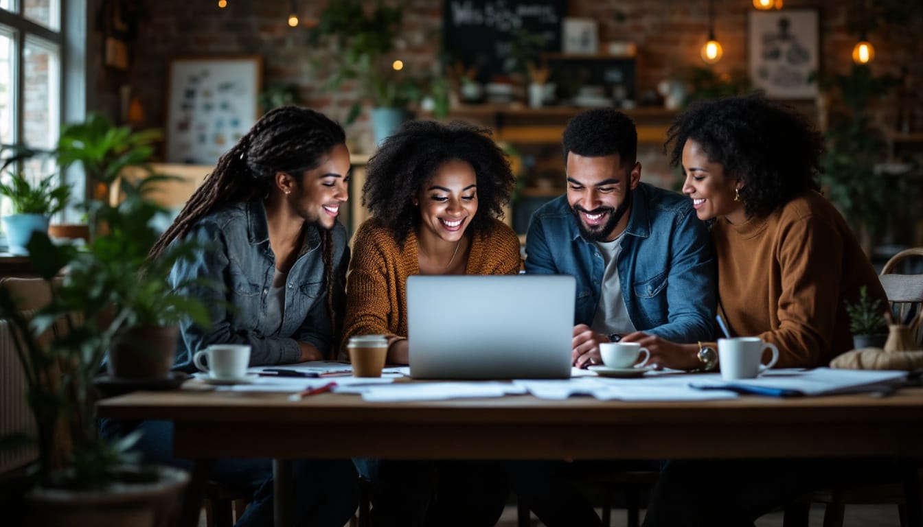 Group of friends smiling at laptop.