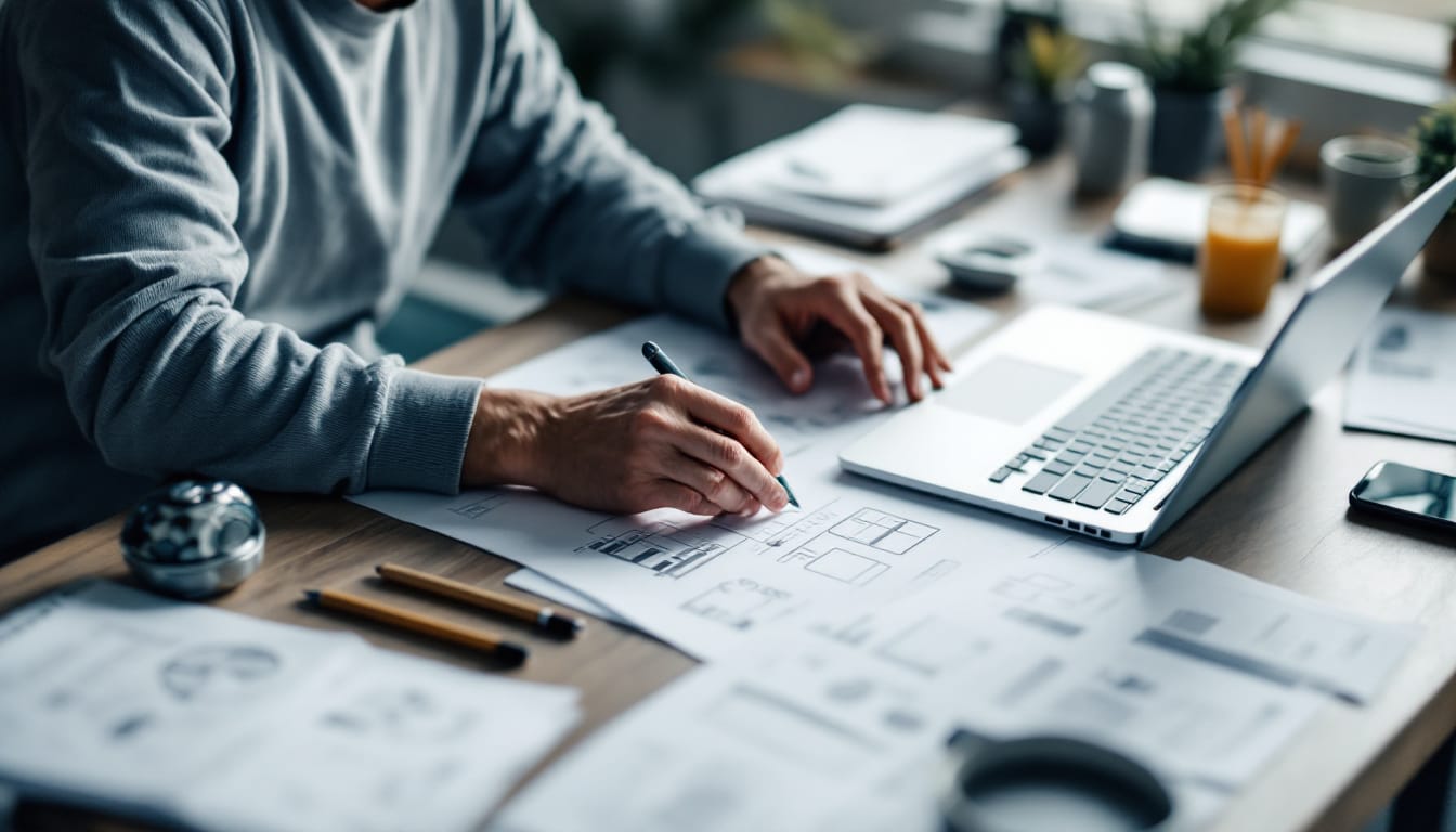 Person designing building layout on desk with laptop