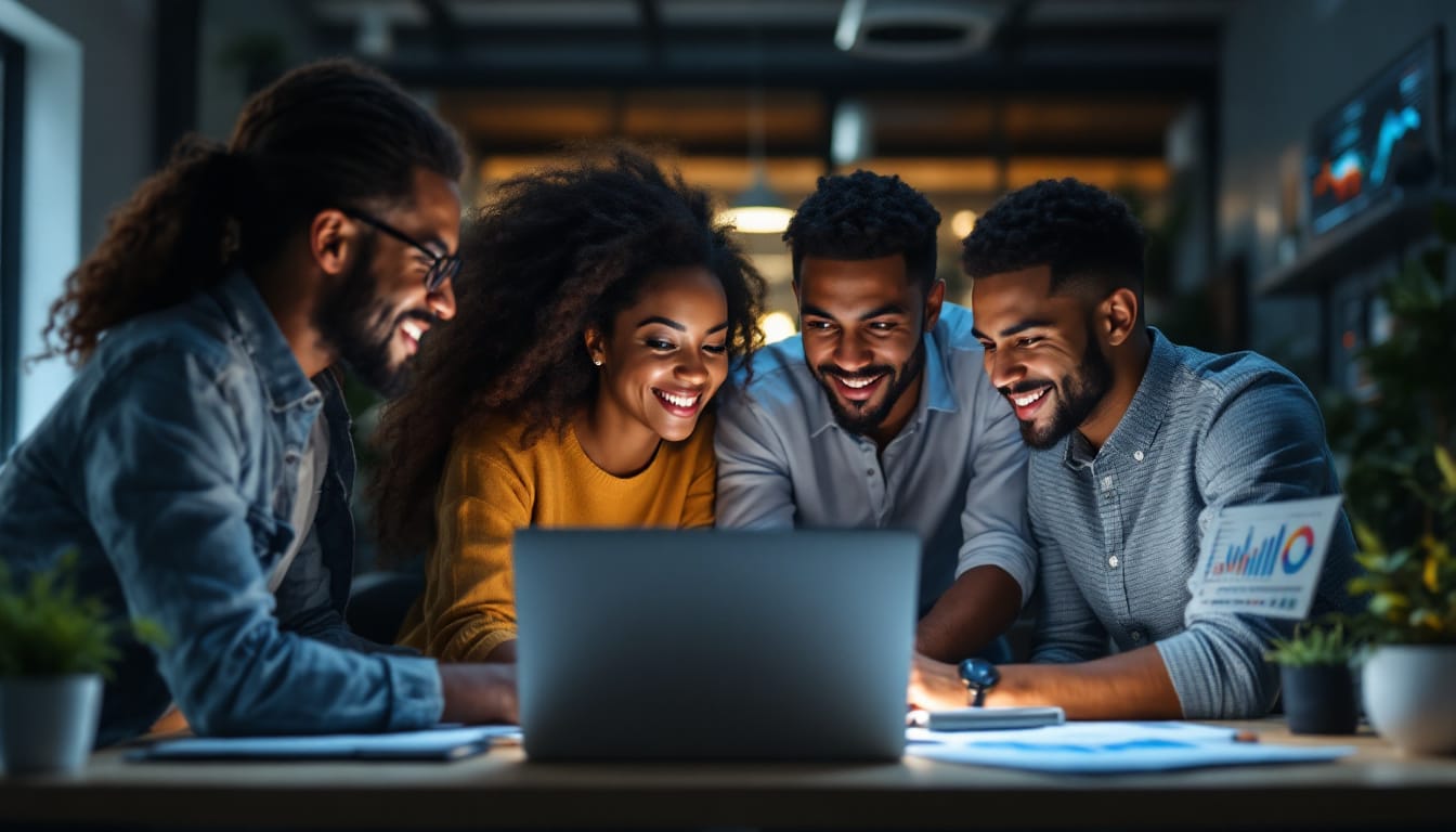 A photograph of a diverse team of professionals collaborating around a laptop in a modern office setting