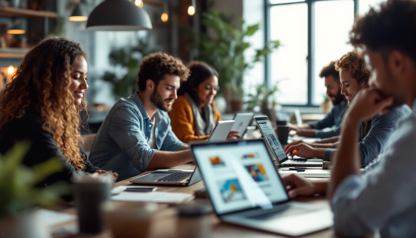 A photograph of a diverse group of people working collaboratively on laptops and tablets in a modern