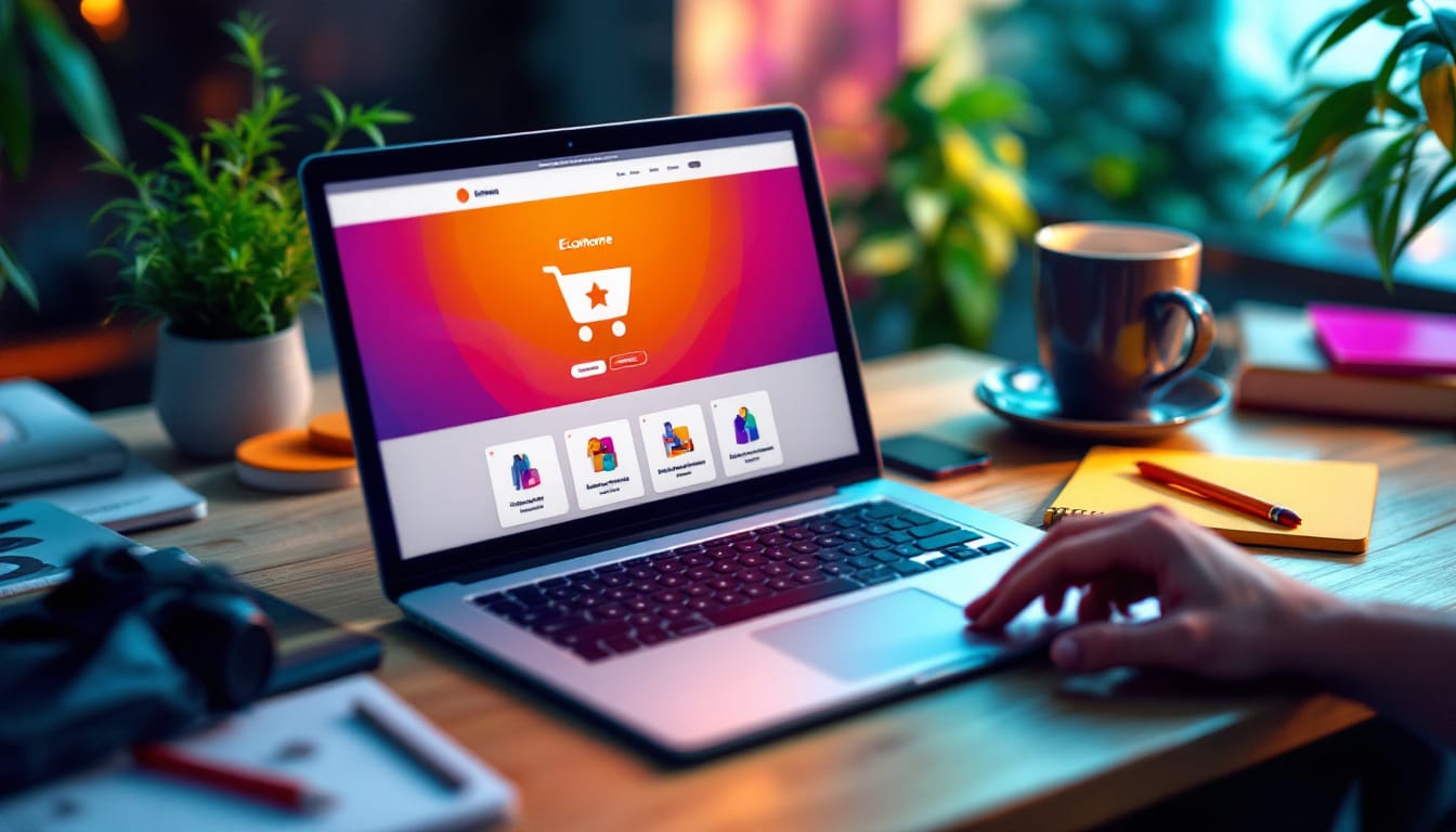 A photograph of a vibrant and engaging workspace featuring a laptop displaying an ecommerce website
