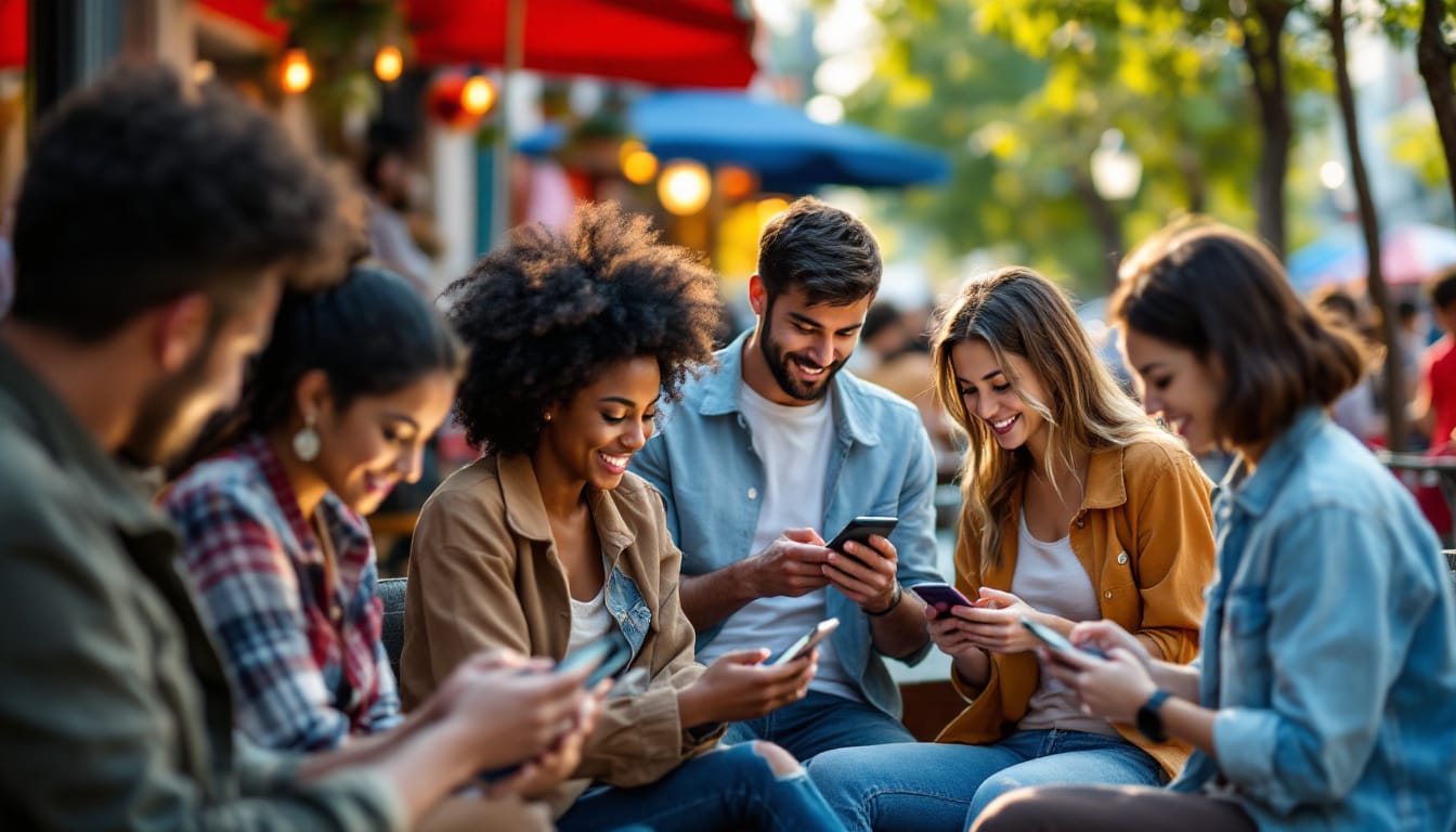A photograph of a diverse group of people engaging with their mobile devices in a vibrant outdoor setting