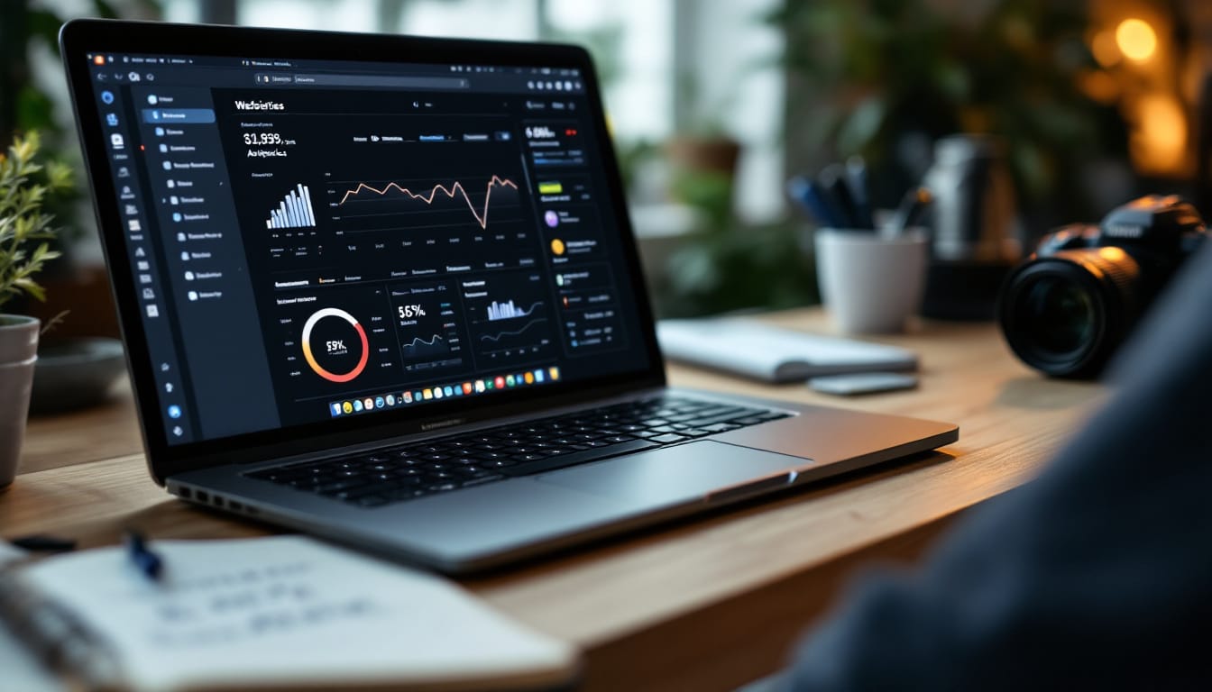 A photograph of a creative workspace featuring a laptop with website analytics on the screen