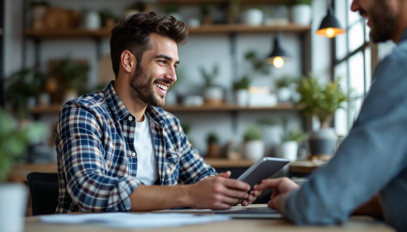A photograph of a vibrant small business owner engaging with customers in a modern