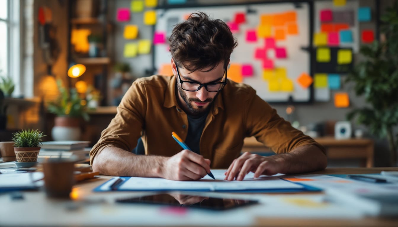 A photograph of a creative workspace featuring a web developer engaged in the design process